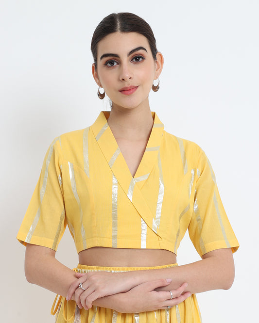 Dazzling Yellow Glisten Gala Wrap Fusion Blouse