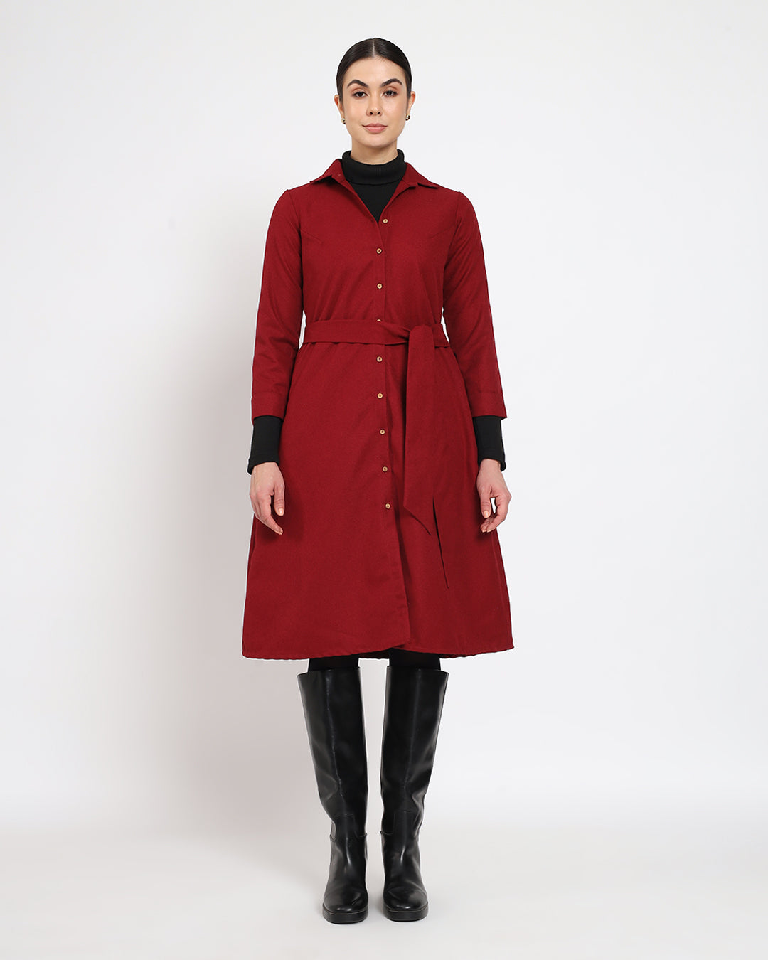 Russet Red Artfull A-Line Woolen Dress