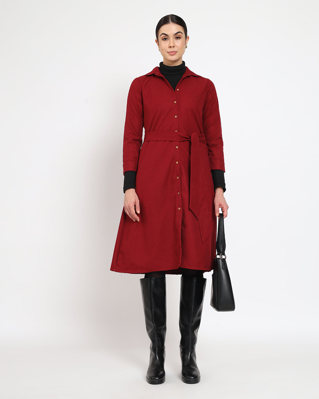 Russet Red Artfull A-Line Woolen Dress