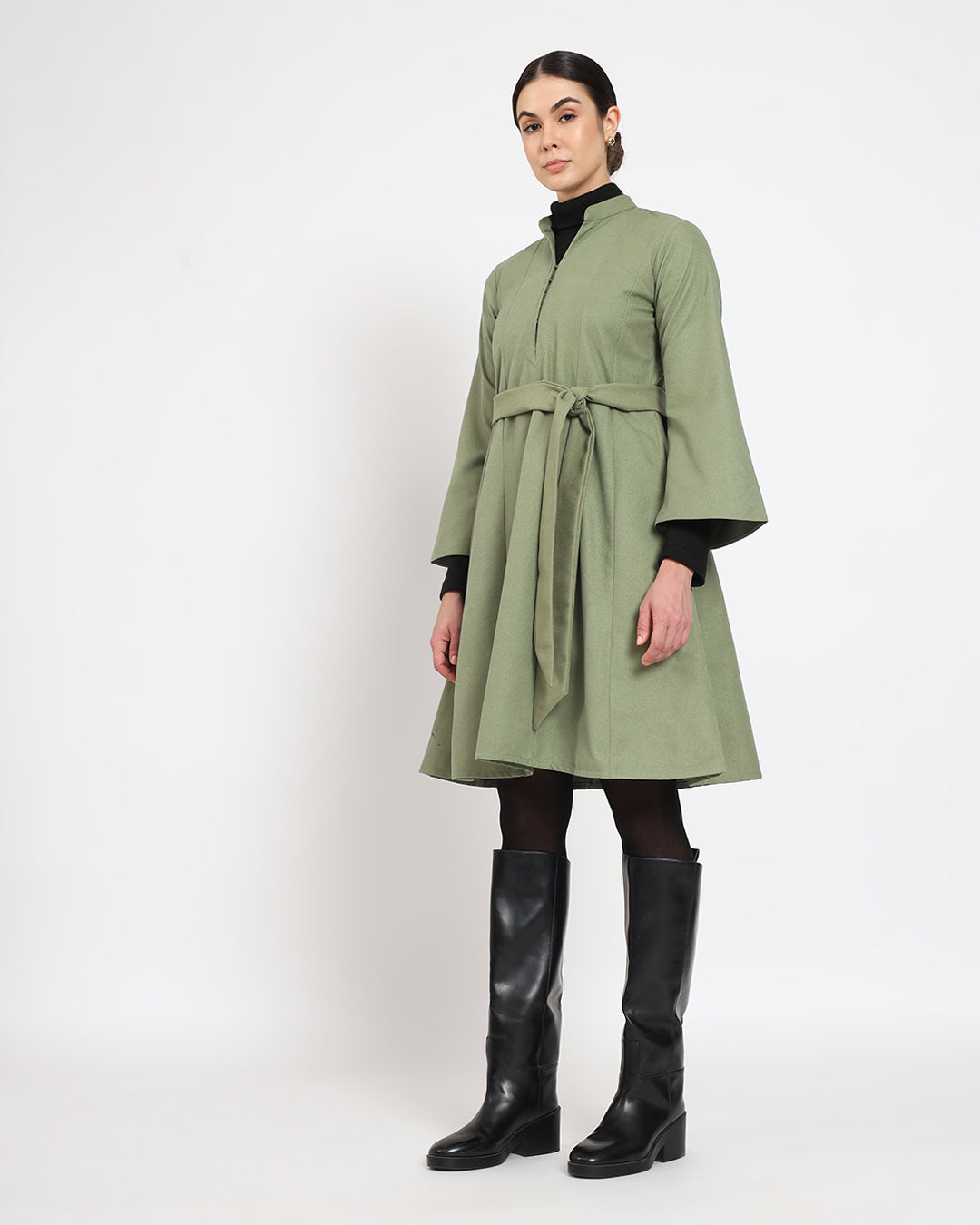 Pistachio Green Flared Solid Woolen Dress