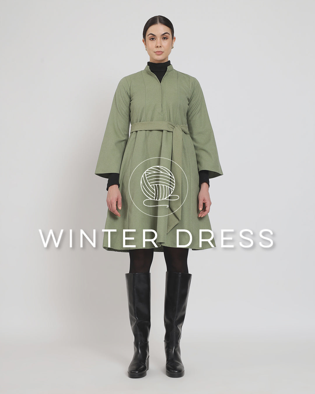 Pistachio Green Flared Solid Woolen Dress