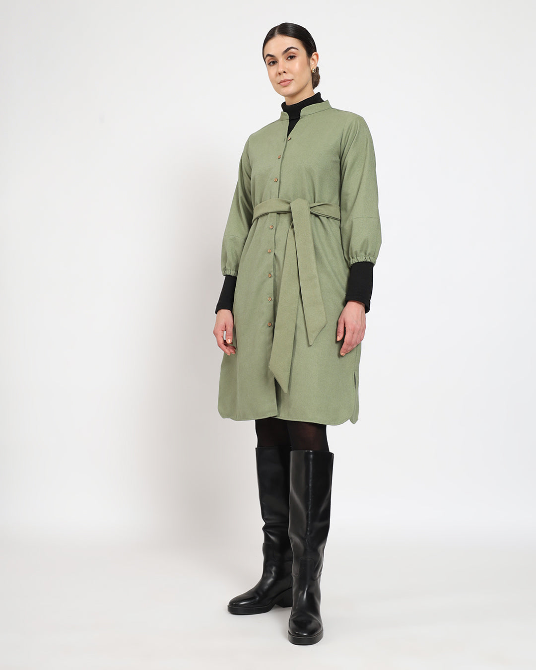 Pistachio Green Modish Elegance Notch Neck Woolen Dress