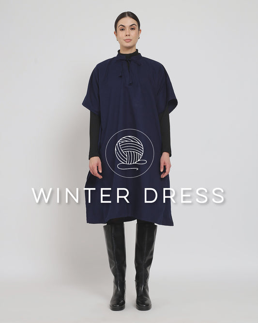 Midnight Blue Band Collar woolen Kaftan Dress