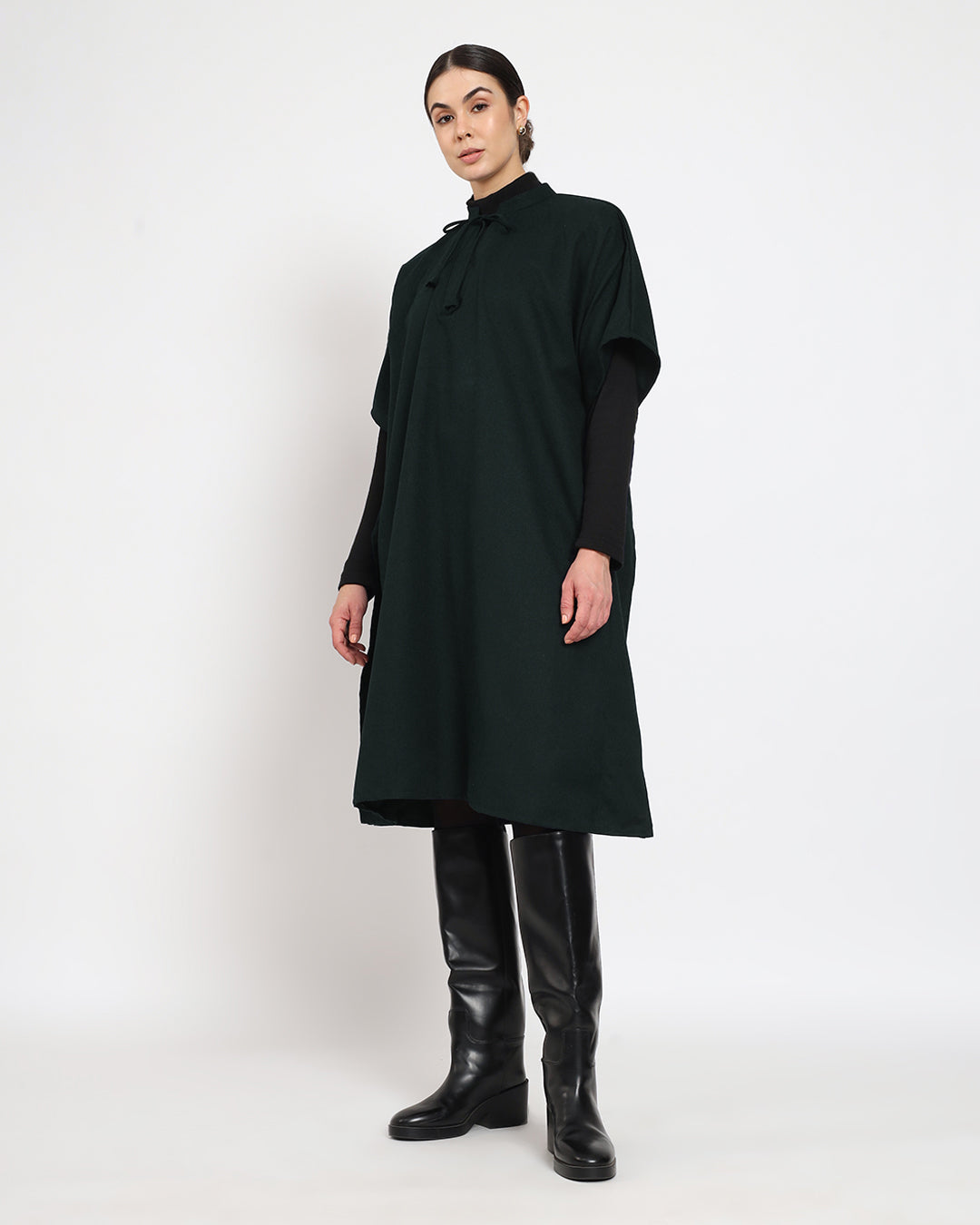 Deep Teal Band Collar woolen Kaftan Dress