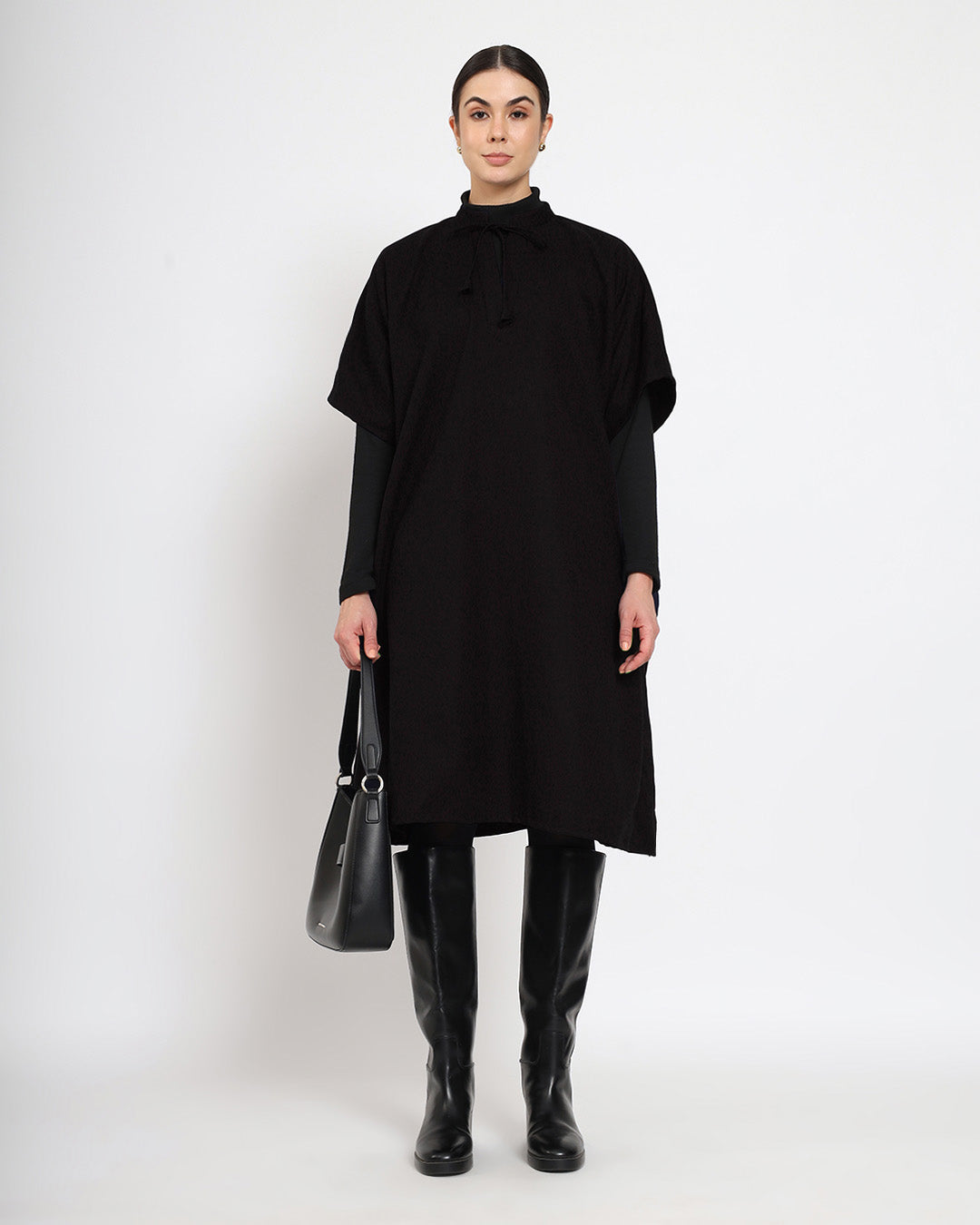 Black Band Collar woolen Kaftan Dress
