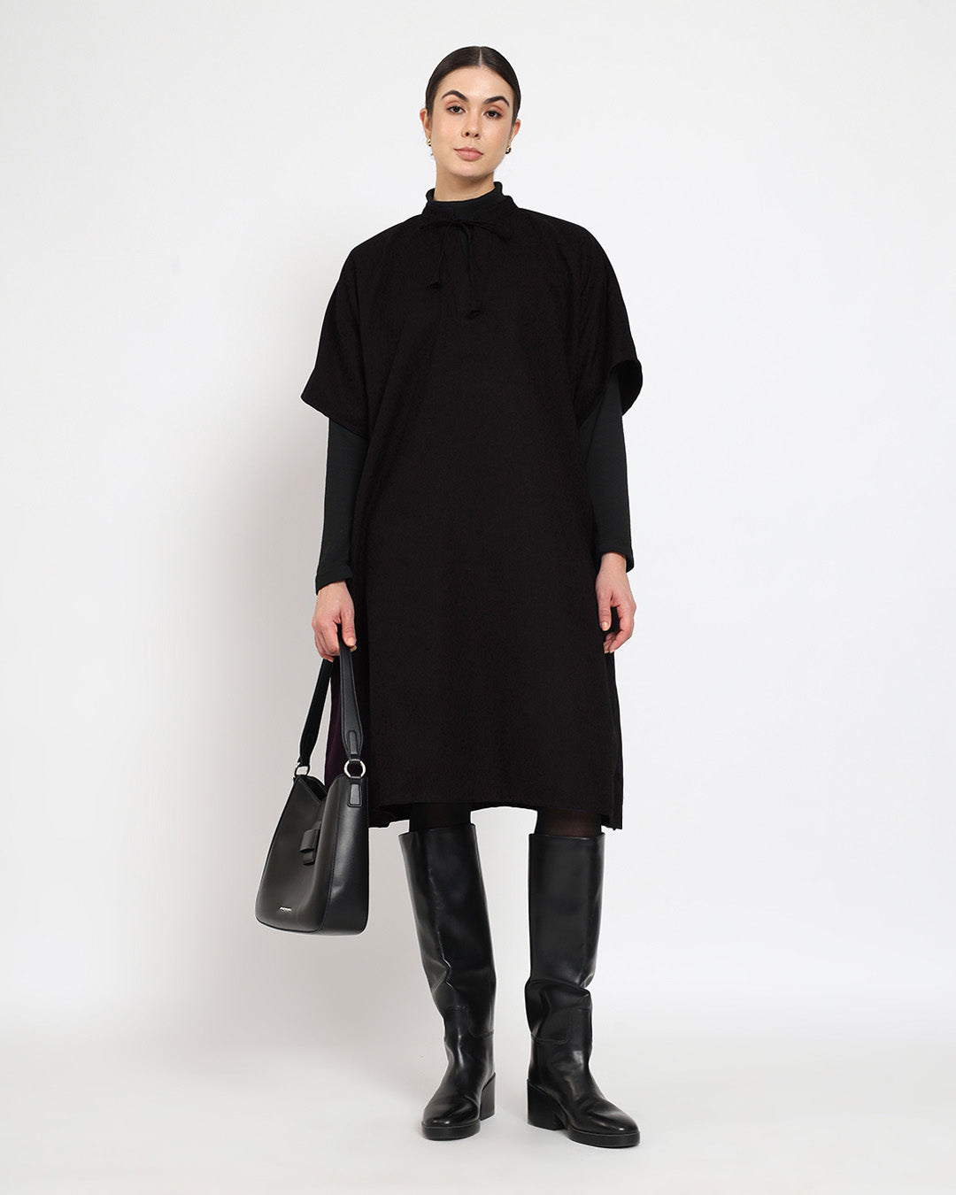 Black Band Collar woolen Kaftan Dress