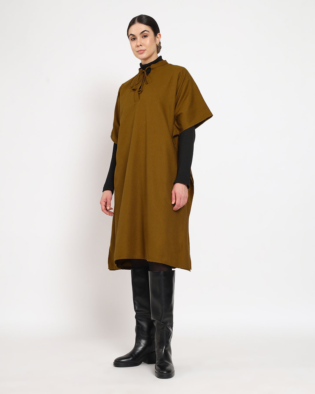 Mustard Band Collar woolen Kaftan Dress