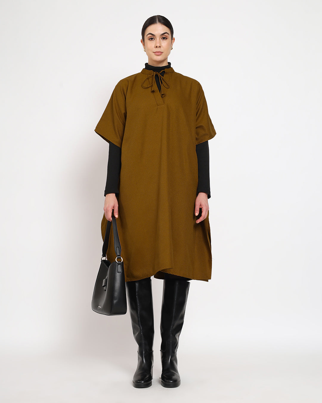 Mustard Band Collar woolen Kaftan Dress