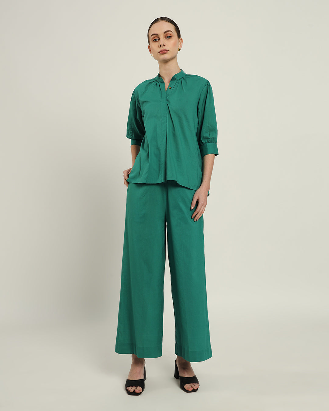 Green Gleam Relaxed Button-Down Shirt Solid Co-ord set