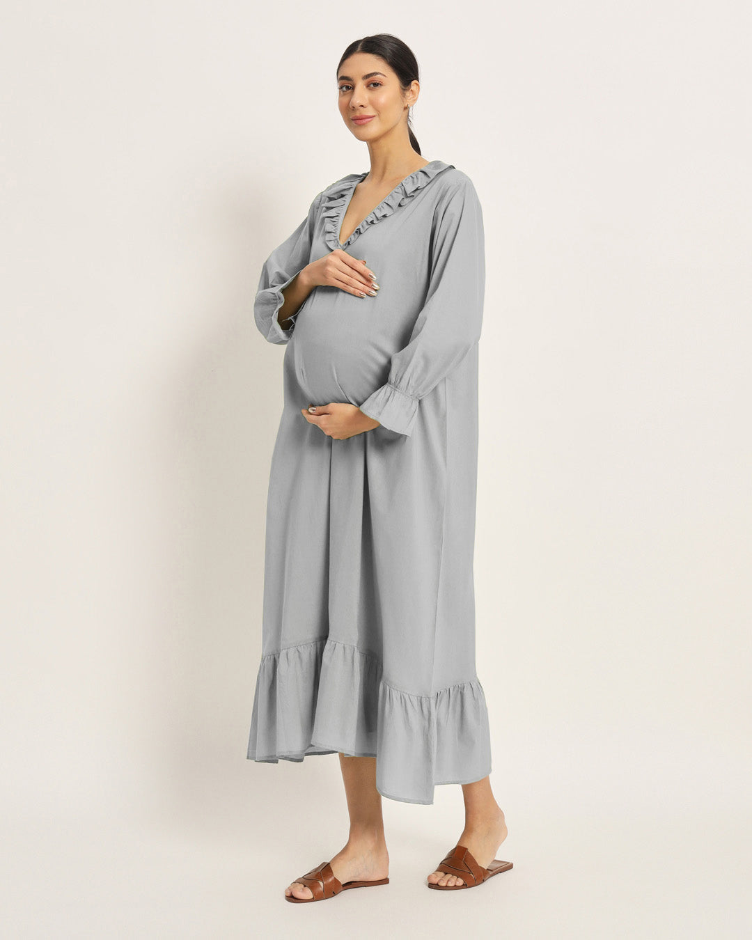 Combo: Iced grey & Plum Passion Flow Mama Maternity & Nursing Dress - Set of 2