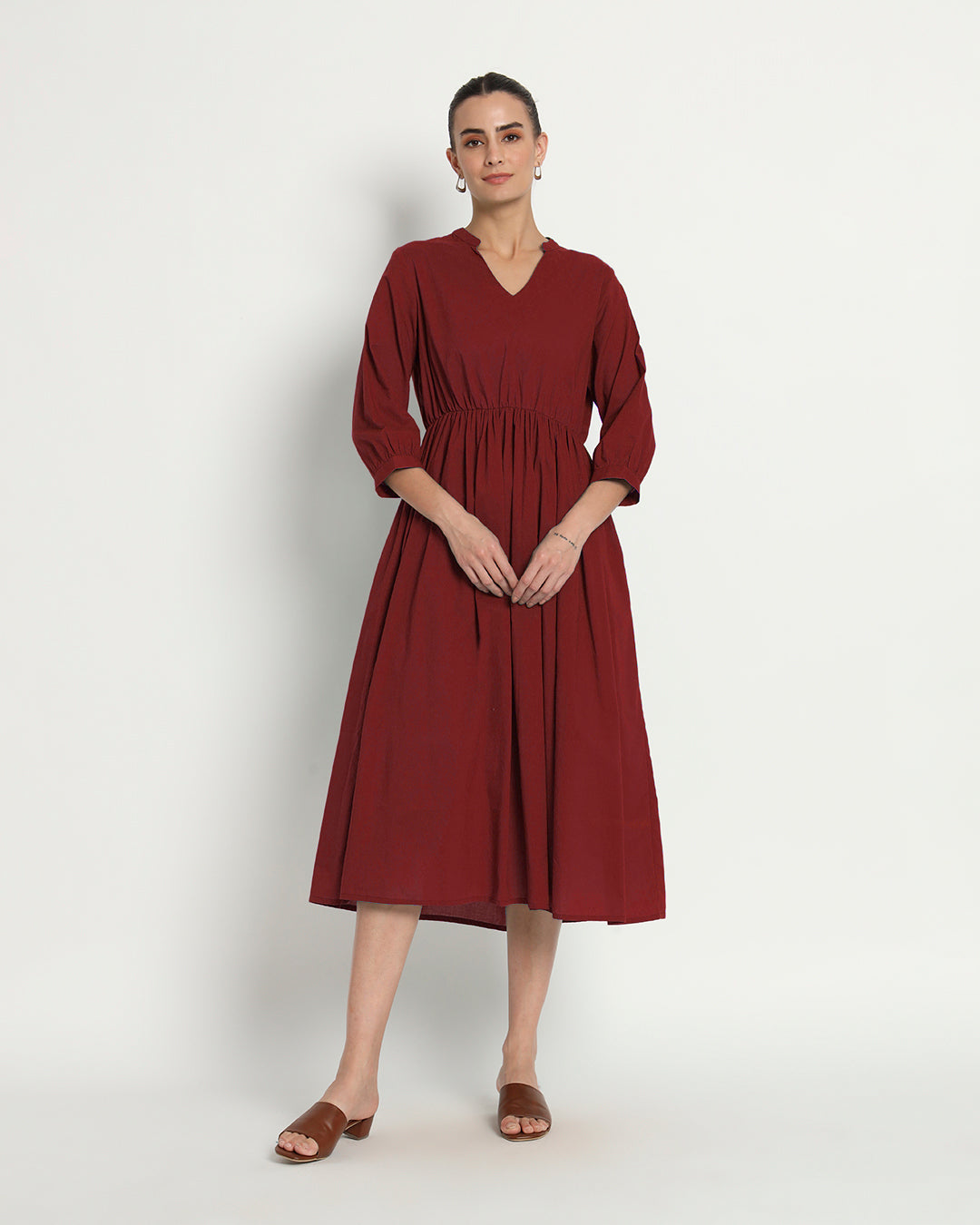 Russet Red Gathered V-Neck Stretch Dress