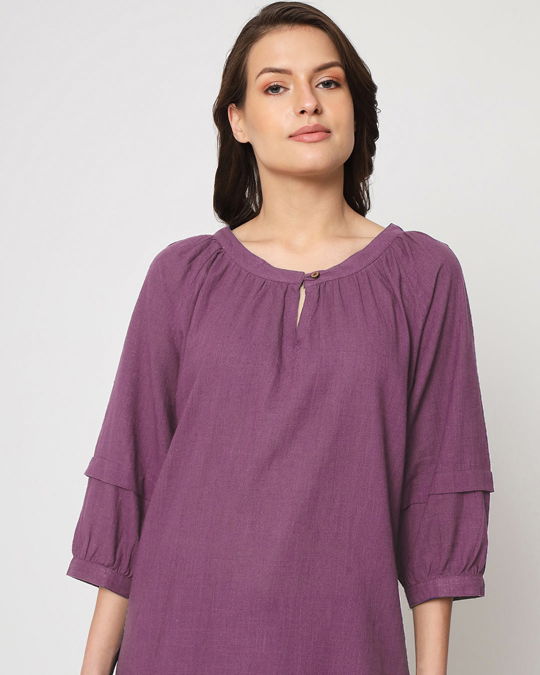 Wisteria Purple Button Neck Solid Top (Without Bottoms)