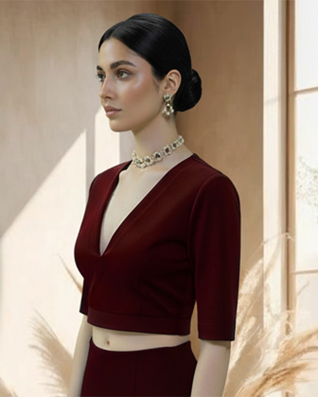 Maroon Allure Deep V Velvet Blouse