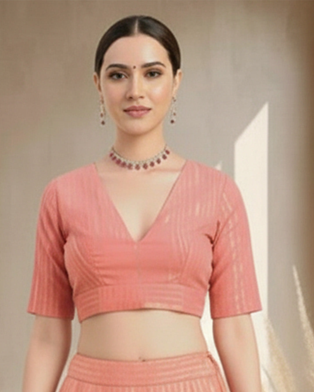 Festive Rosette Pink Golden Stripes Deep V Blouse