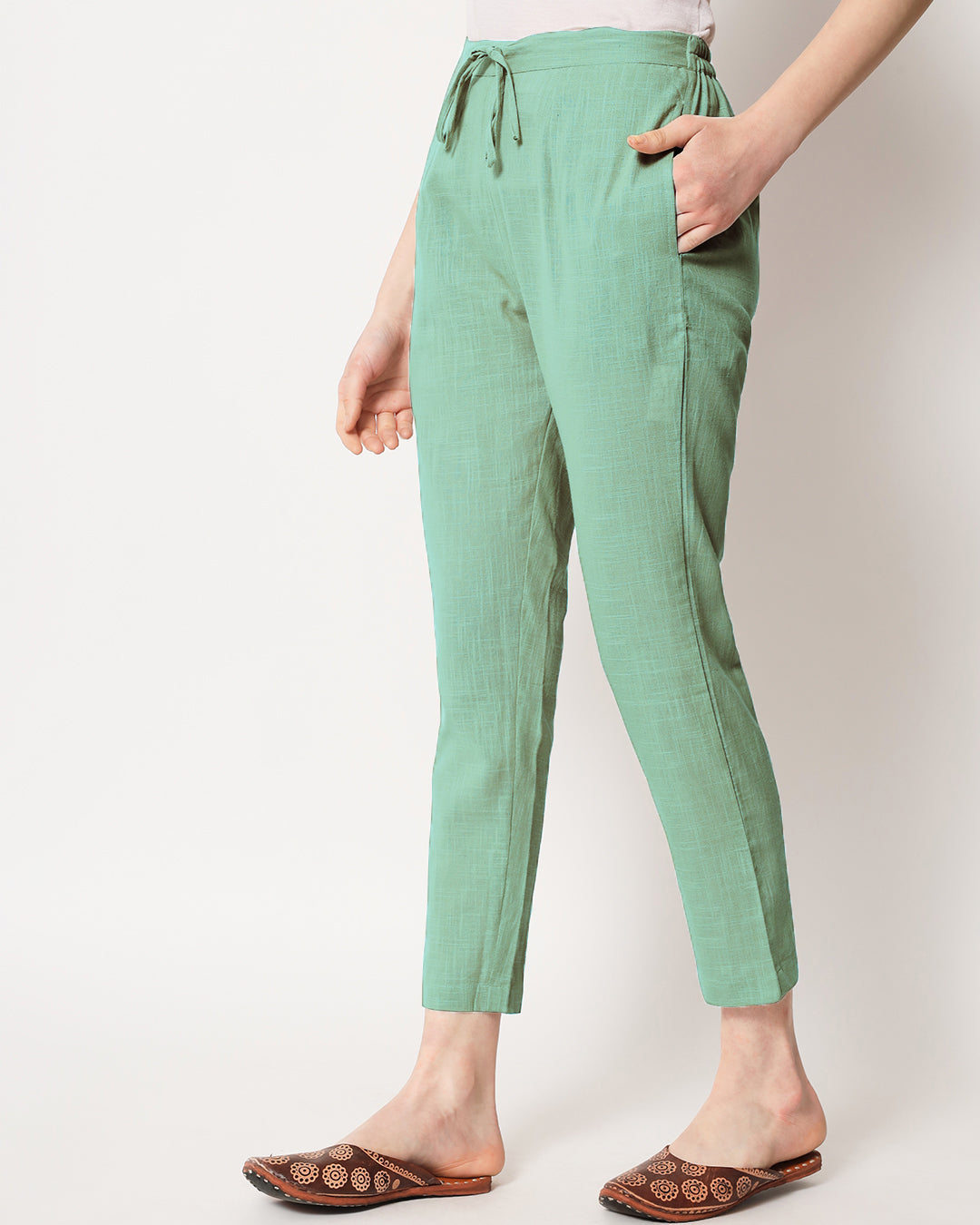 PATRORNA Green Mid Rise Slim Fit Cigarette Trousers