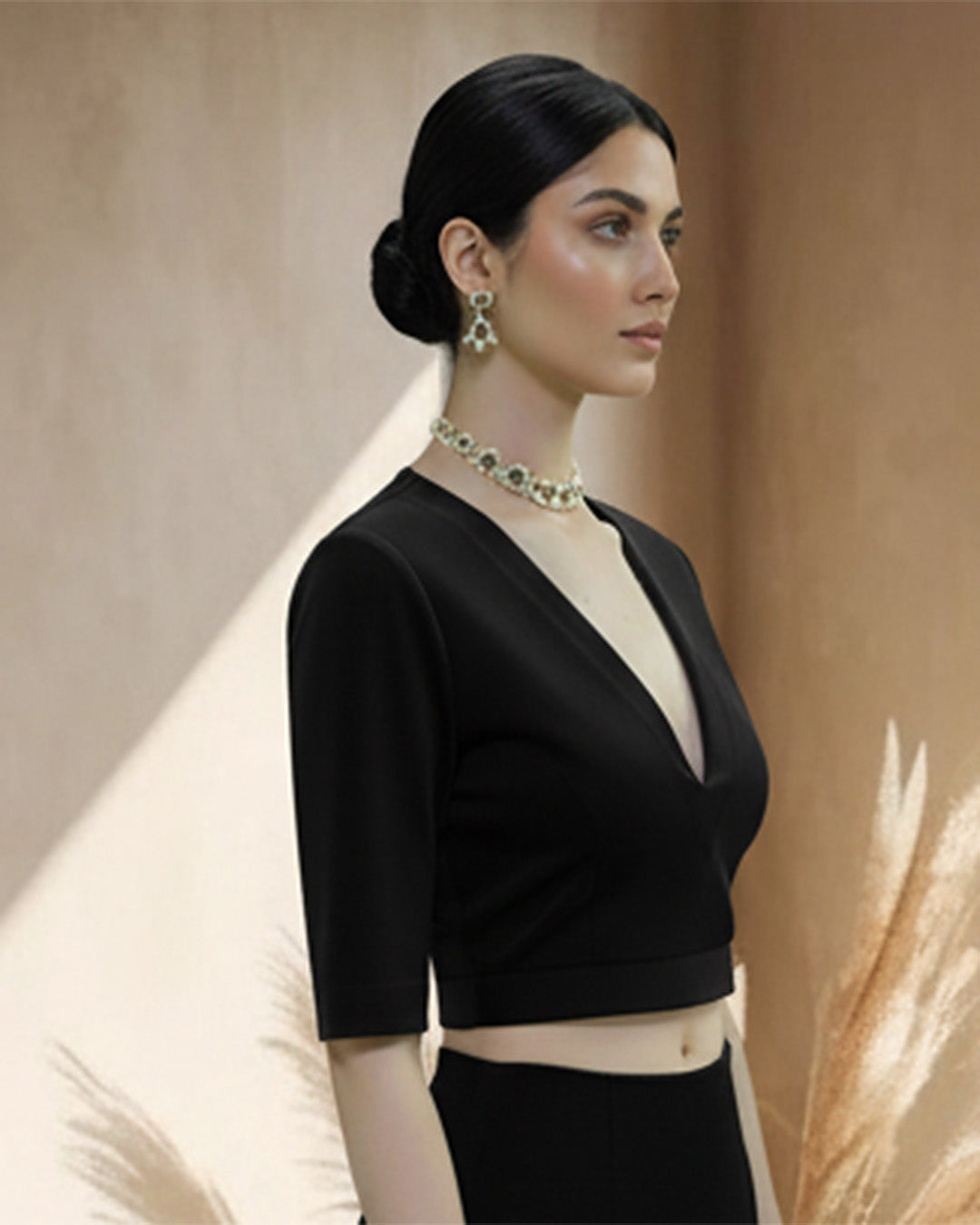 Black Allure Deep V Velvet Blouse