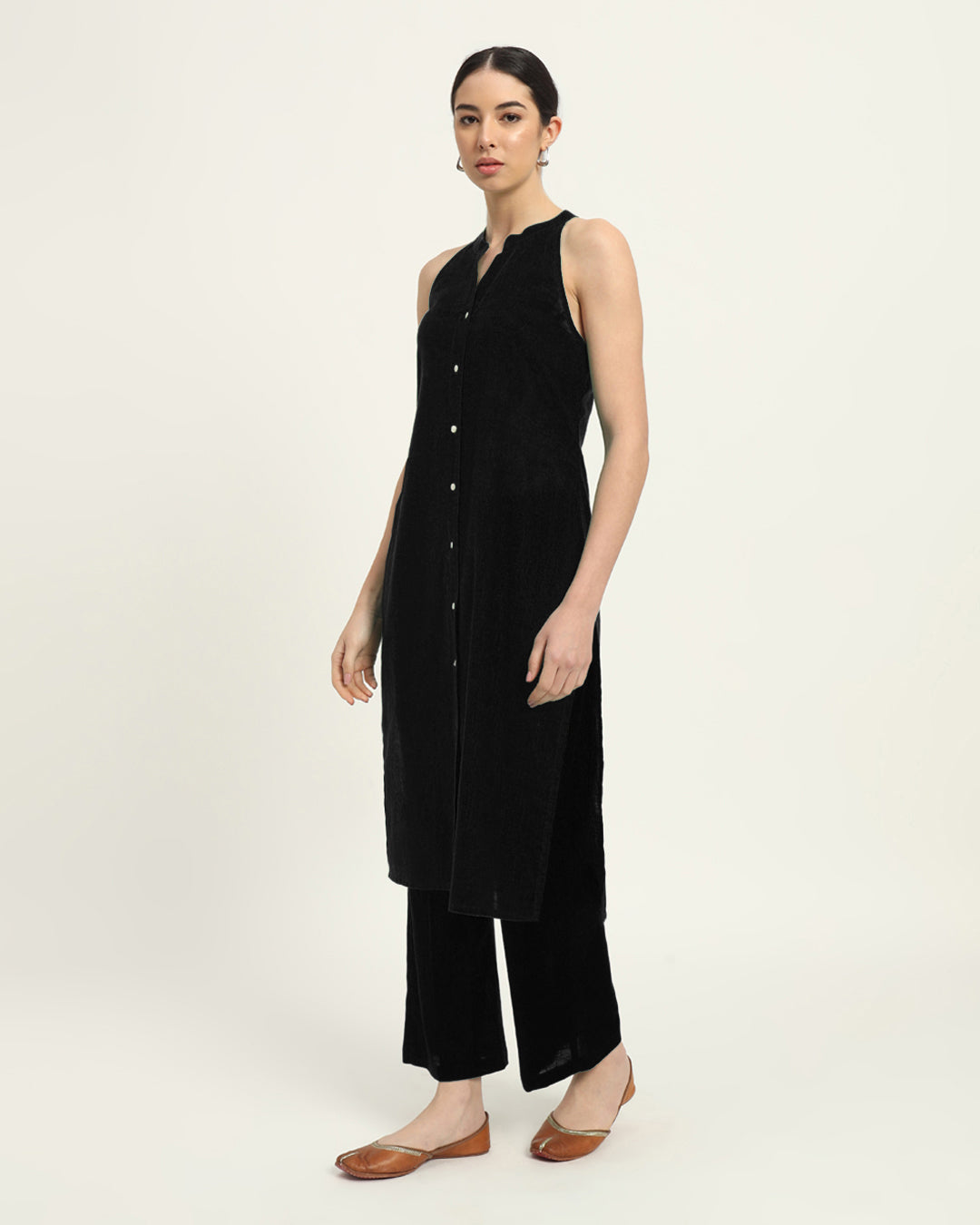 Black Mermaid Button Down Solid Kurta (Without Bottoms)