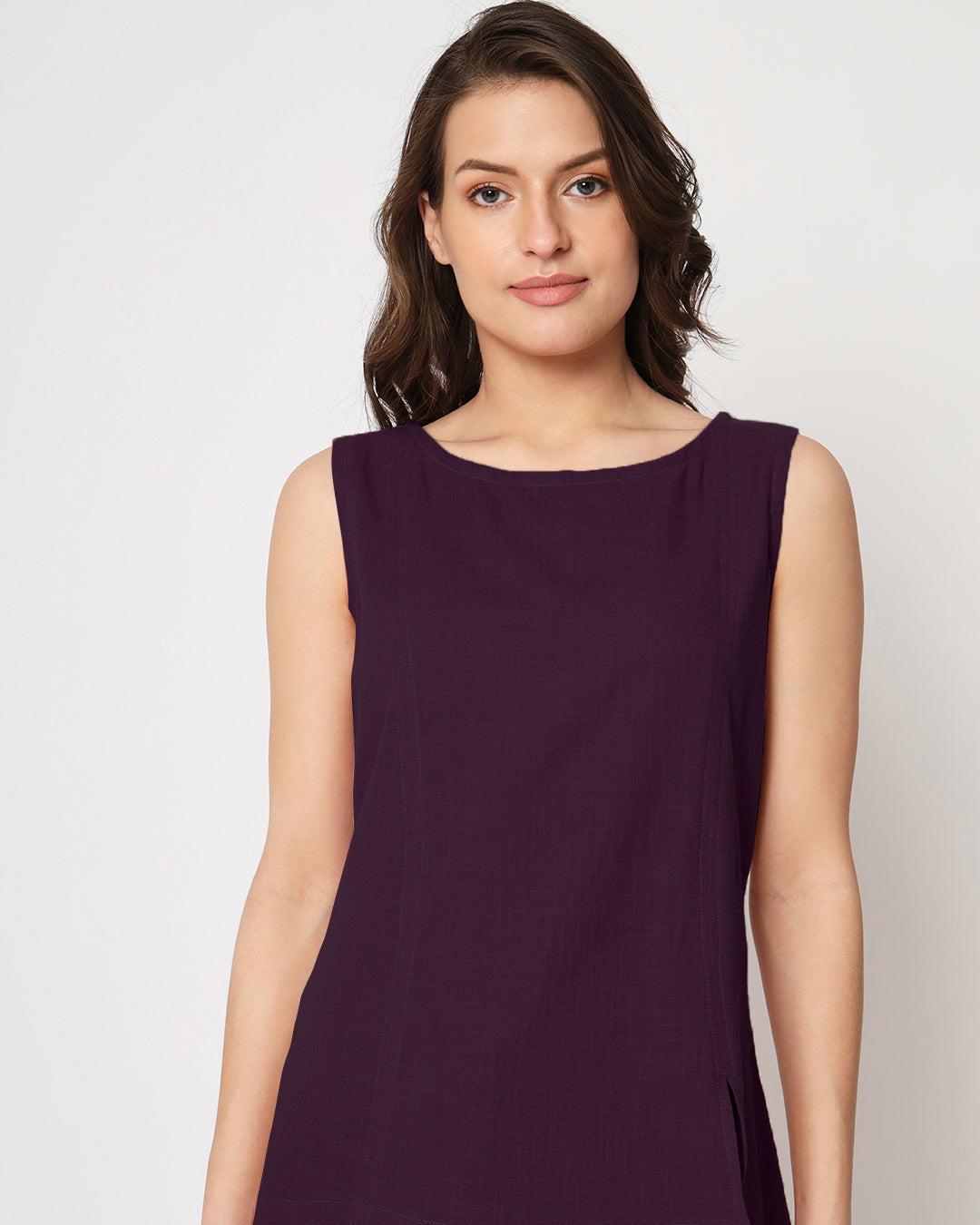 Plum Passion Sleeveless Short Length Solid Top (Without Bottoms)