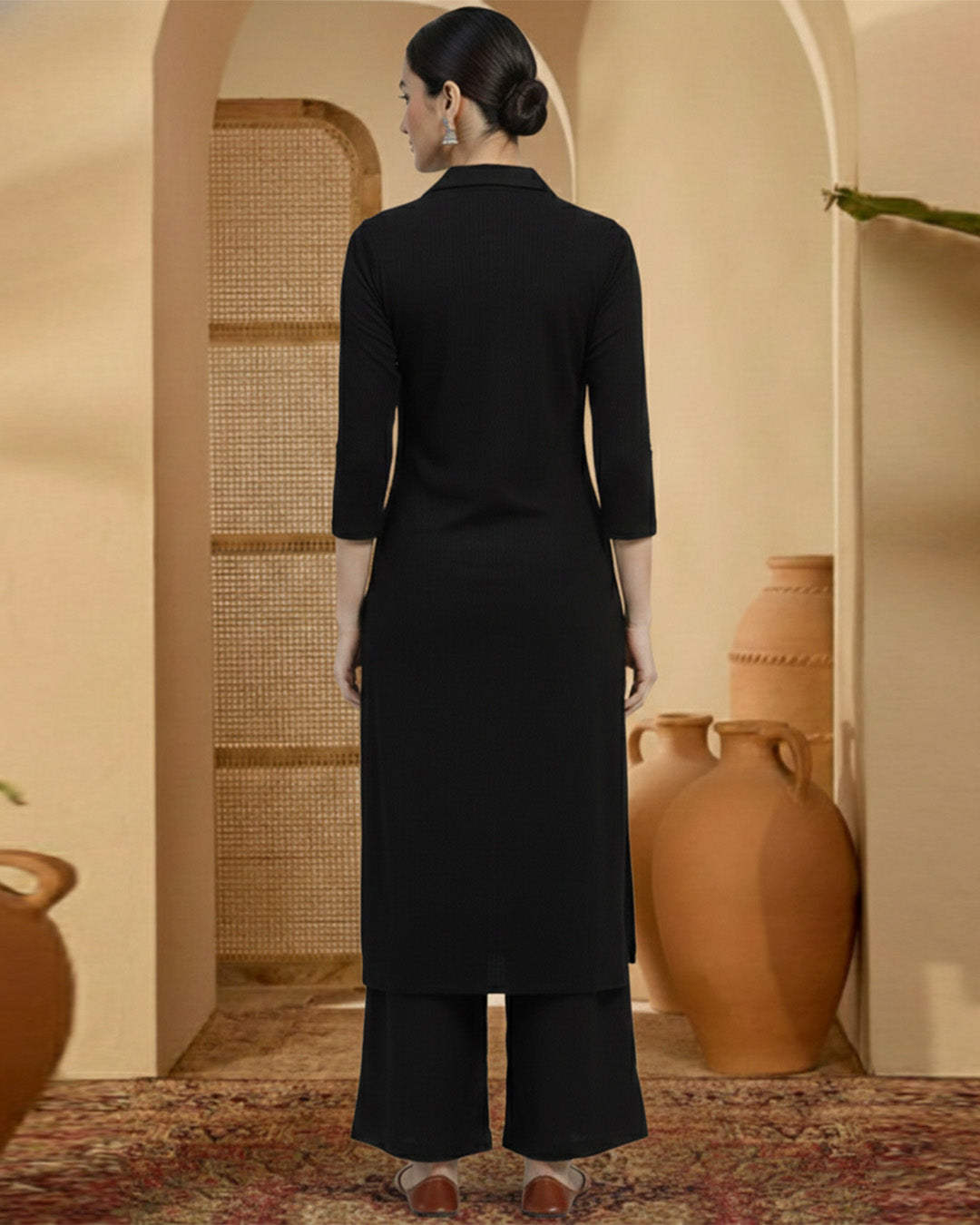 Black Rayon Collar Comfort Co-ord Set