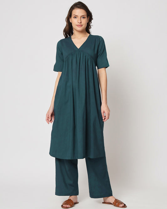 Deep Teal Gathered Solid Kurta (Without Bottoms)