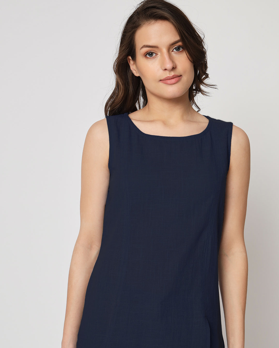 Midnight Blue Sleeveless Short Length Solid Top (Without Bottoms)