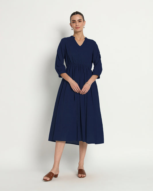 Midnight Blue Gathered V-Neck Stretch Dress