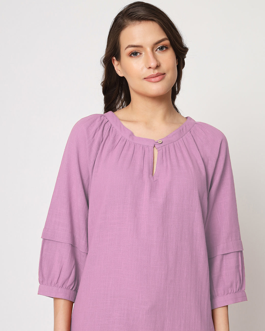 Iris Pink Button Neck Solid Top (Without Bottoms)