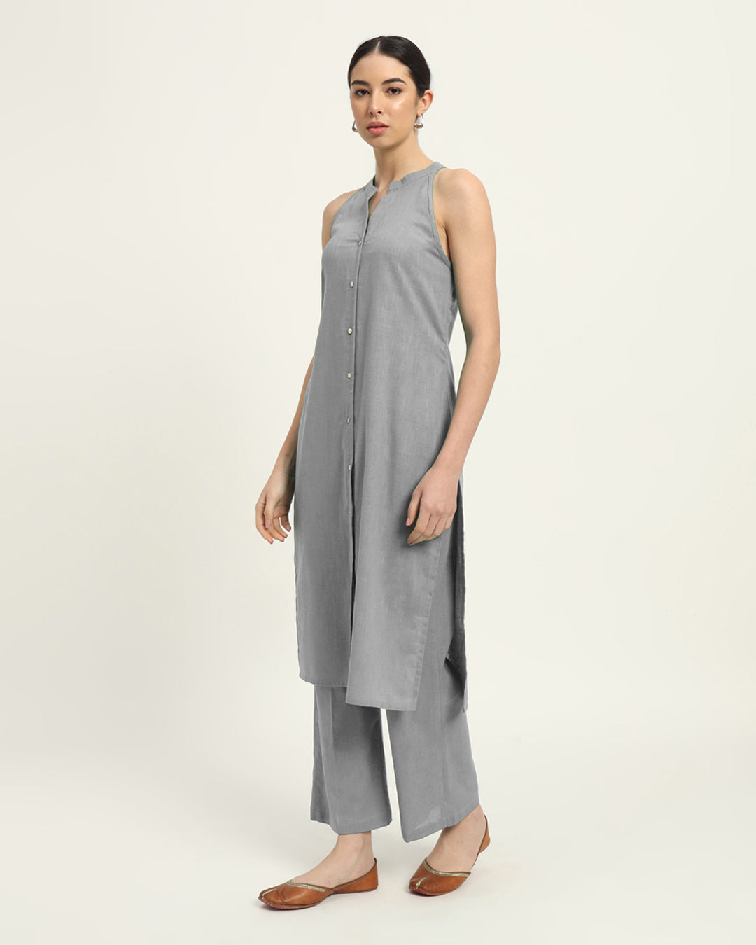 Iced Grey Mermaid Button Down Solid Kurta (Without Bottoms)