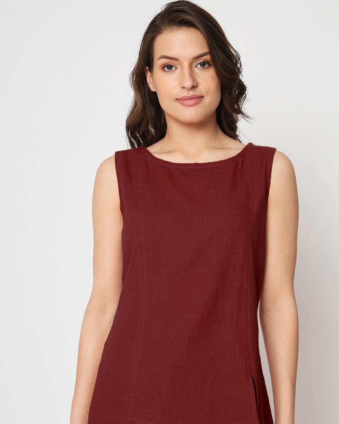 Russet Red Sleeveless Short Length Solid Top (Without Bottoms)