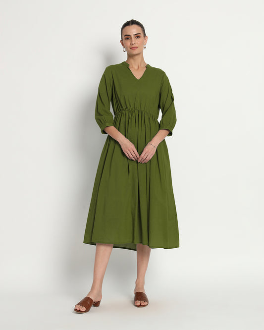 Greening Spring Gathered V-Neck Stretch Dress