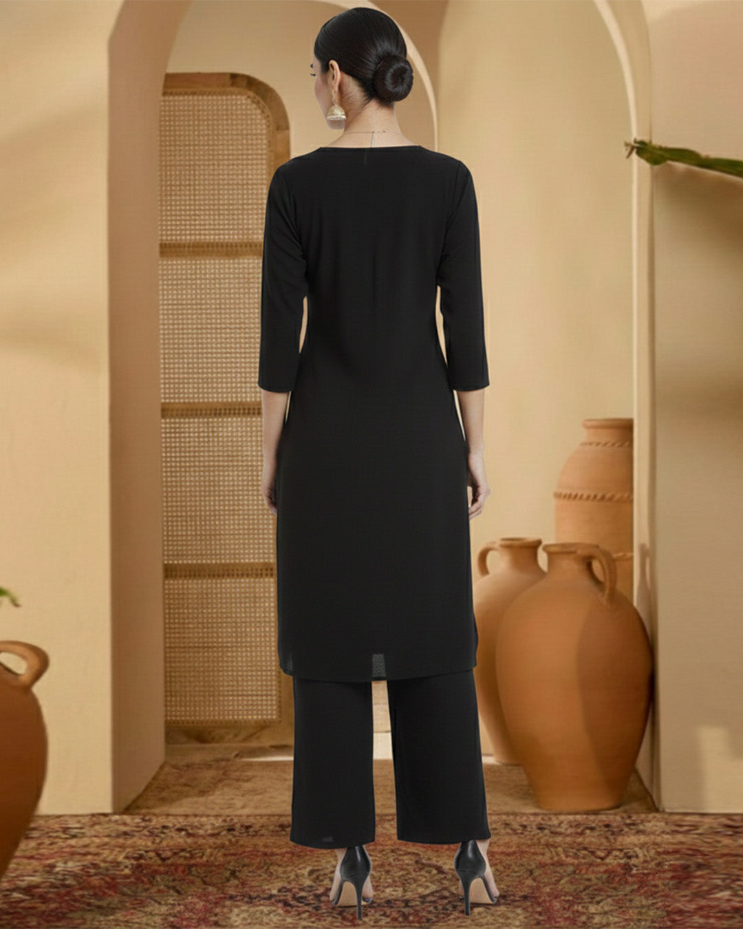 Black Rayon V Cut Charm Co-ord Set