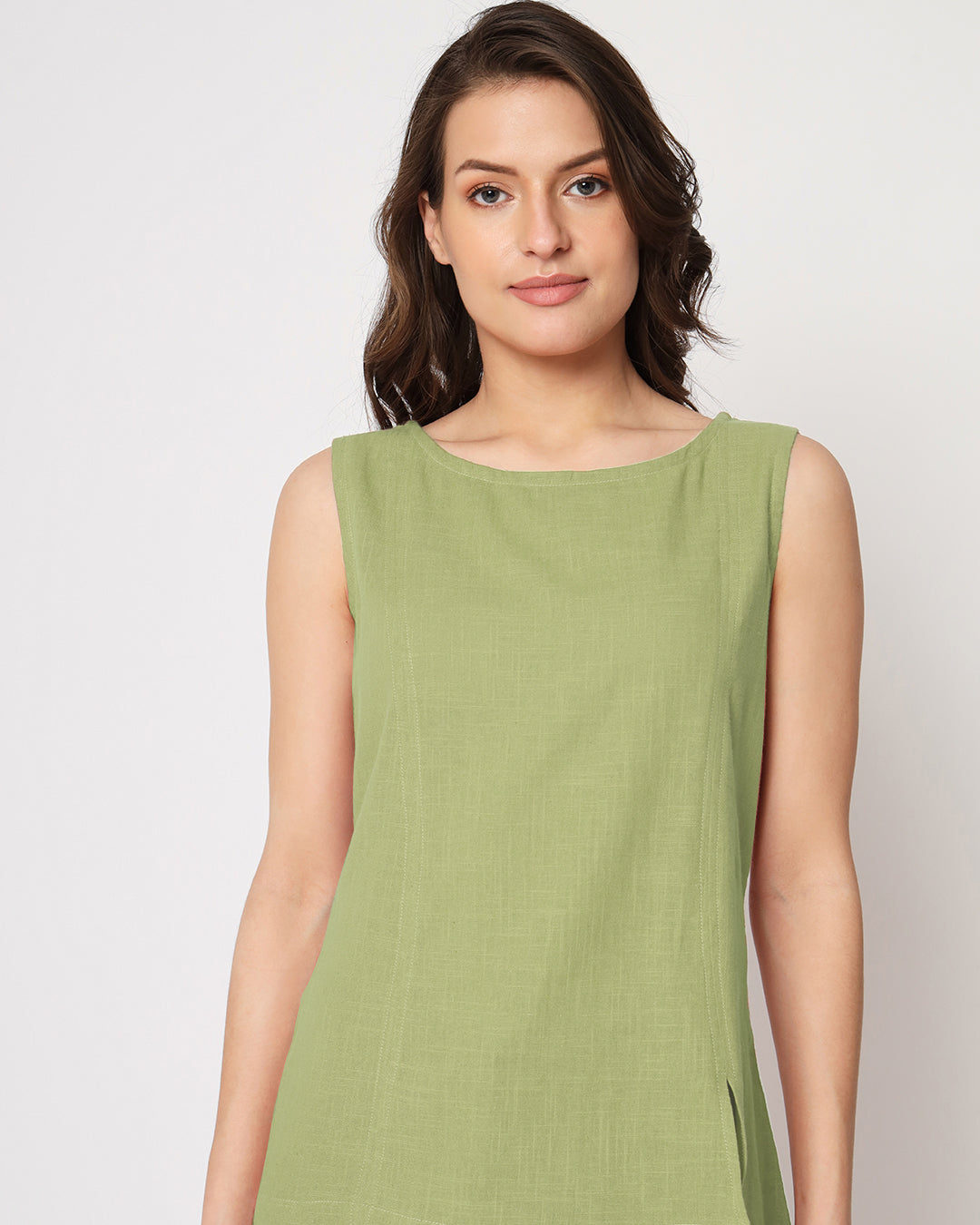Sage Green Sleeveless Short Length Solid Top (Without Bottoms)