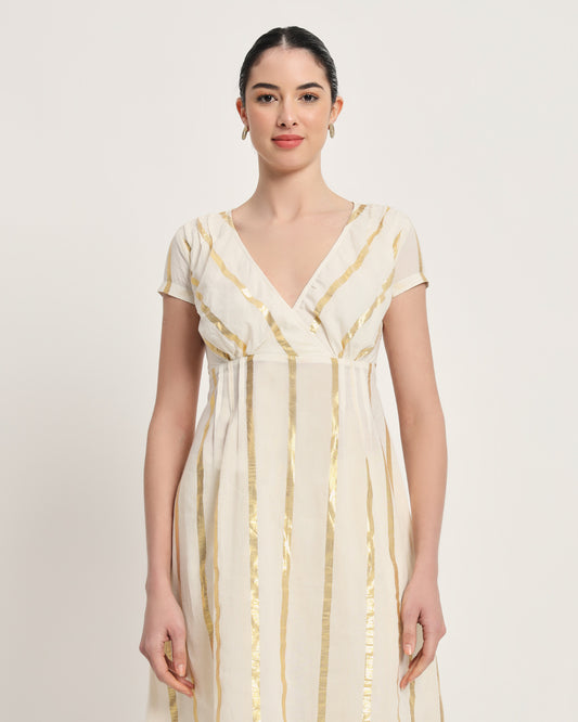 White Glisten Voguish Verve Golden Stripes Kurta (Without Bottoms)