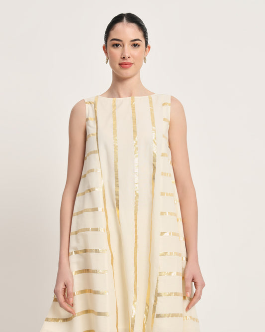 White Glisten Sleeveless A-Line Golden Stripes Kurta (Without Bottoms)