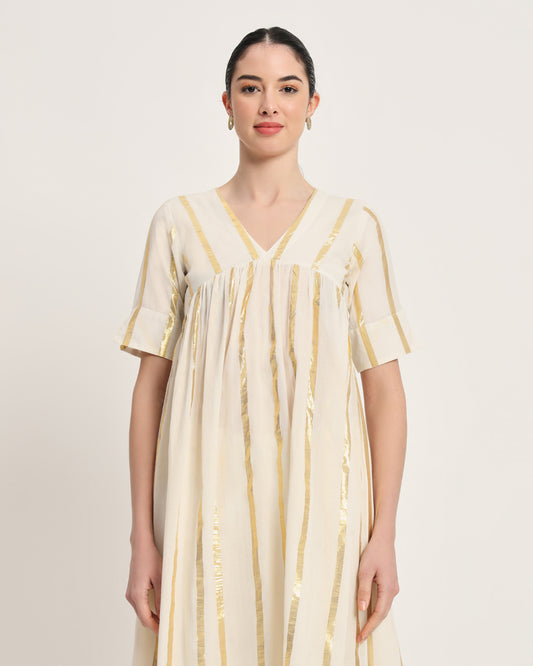 White Glisten V Neck Gathered Golden Stripes Kurta (Without Bottoms)