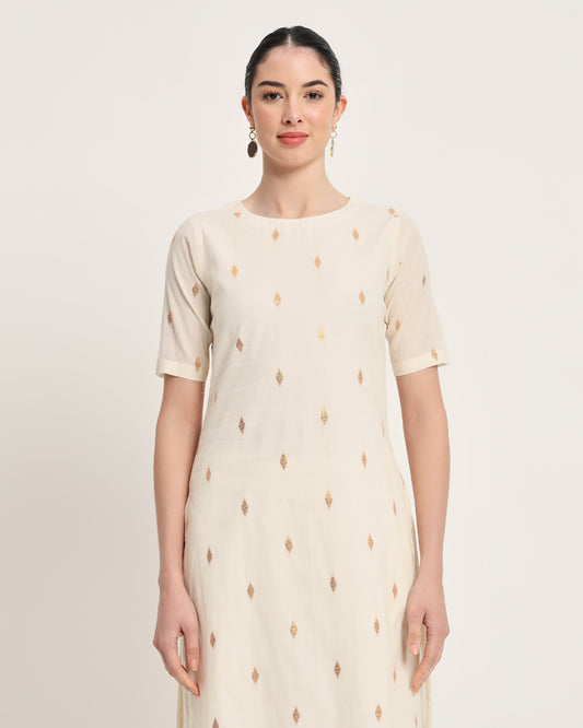 White Glisten Dobby Round Neck Kurta (Without Bottoms)