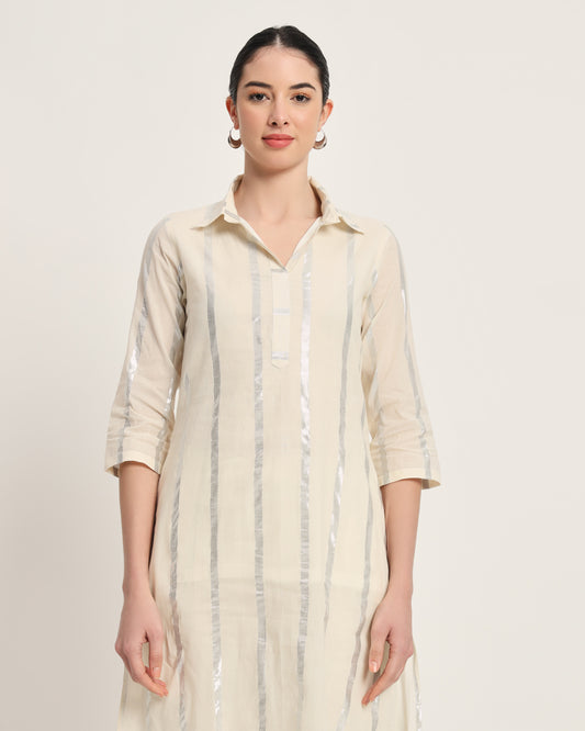 White Glisten Collar Comfort Silver Stripes Kurta (Without Bottoms)