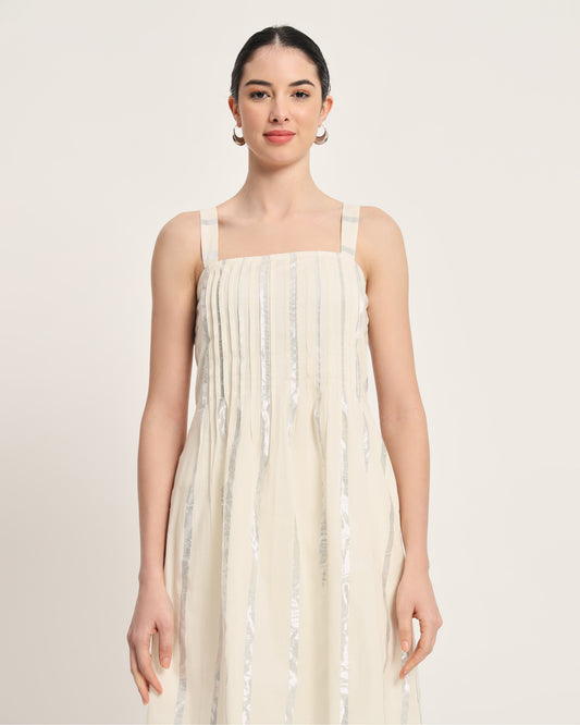 White Glisten Dreamy Flare Spaghetti Sliver Stripes Kurta (Without Bottoms)