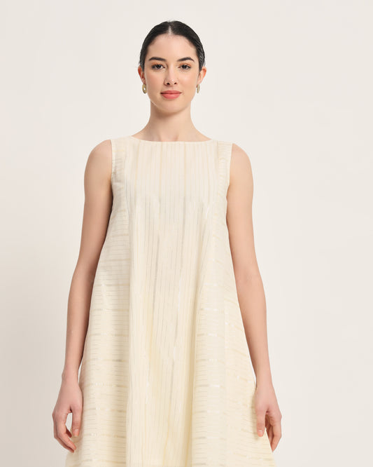 White Glisten Sleeveless A-line Silver Barcode Stripes Kurta (Without Bottoms)