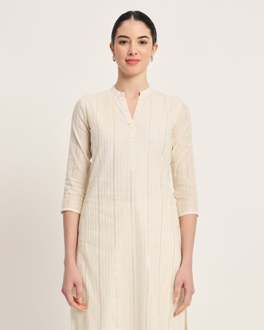 White Glisten High-Low Silver Barcode Stripes Kurta (Without Bottoms)