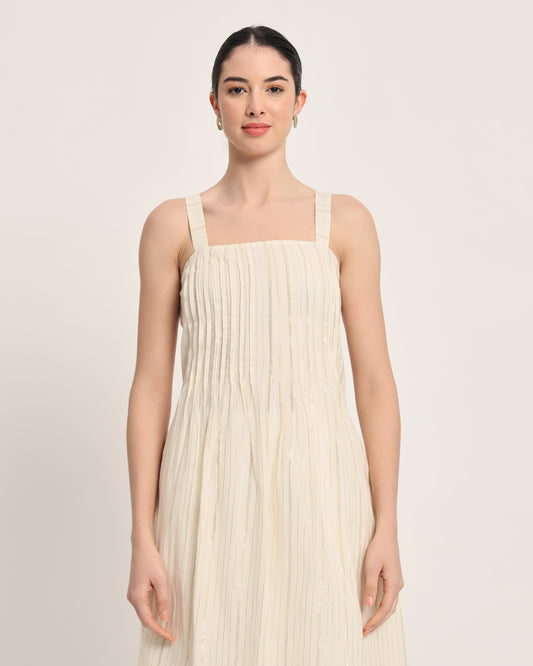 White Glisten Dreamy Flare Spaghetti SIlver Barocde Stripes Kurta (Without Bottoms)