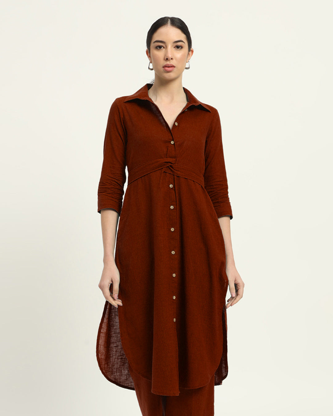 Russet Red Bellisimo Belted Solid Kurta (Without Bottoms)