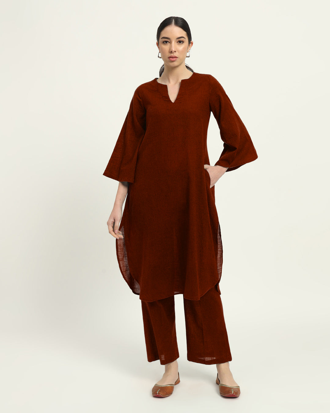 Combo: Beige & Russet Red Rounded Reverie Solid Kurta