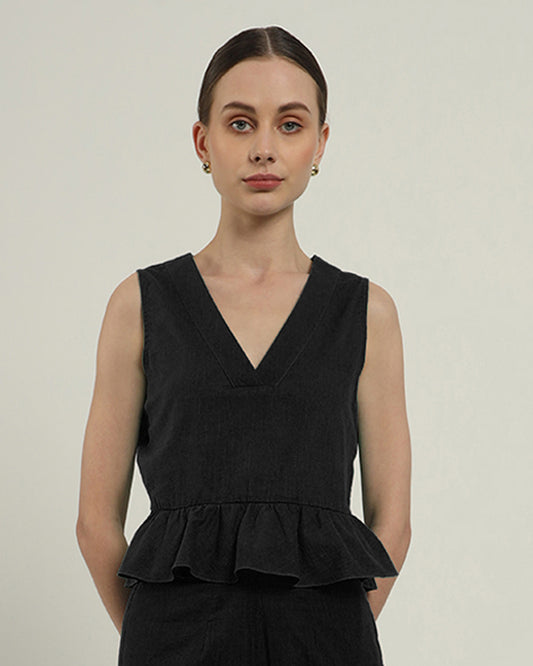 Noir Posh Peplum V Neck Top (Without Bottoms)