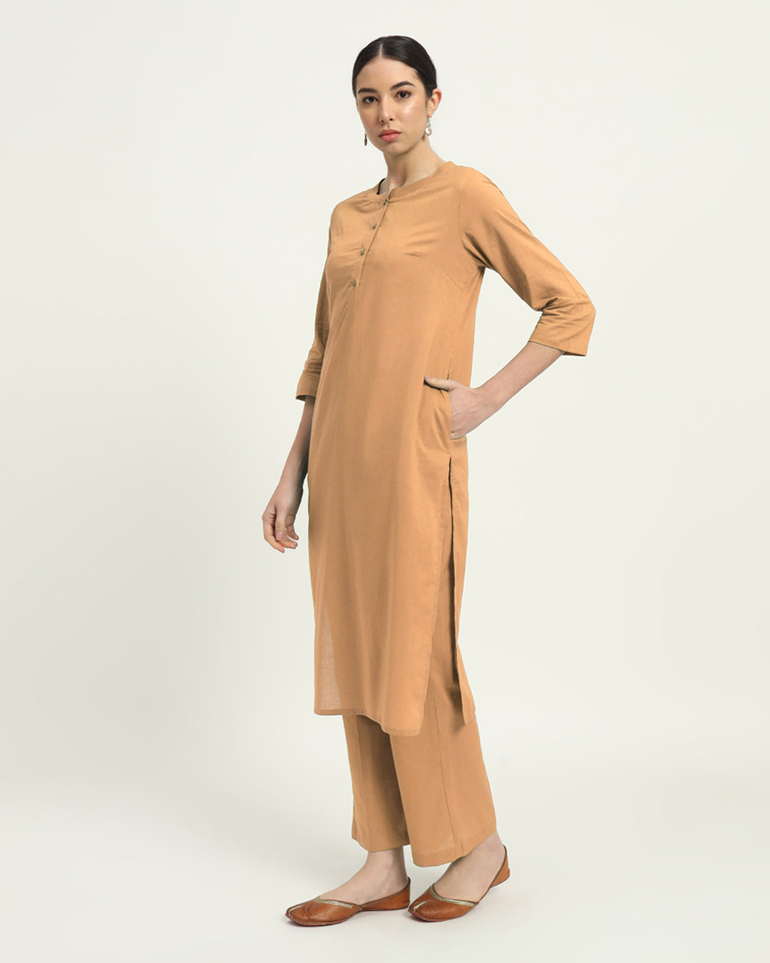 Combo: Beige & Aurora Purple Modern Minimalist Band Collar Solid Kurta