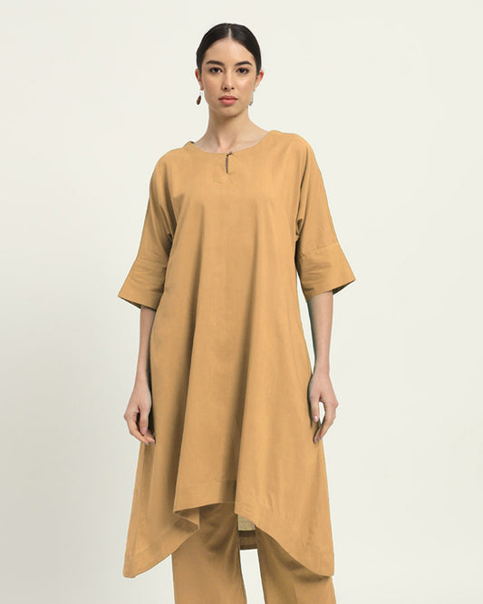 Beige Flare & Flow Boat Neck Solid Kurta (Without Bottoms)