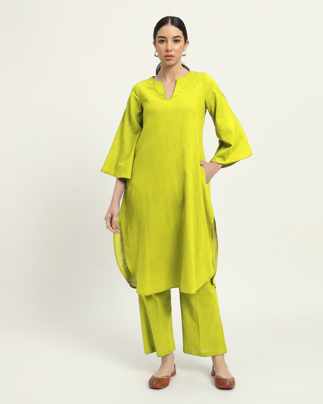 Combo: Burst Of Lime & Iced Grey Rounded Reverie Solid Kurta