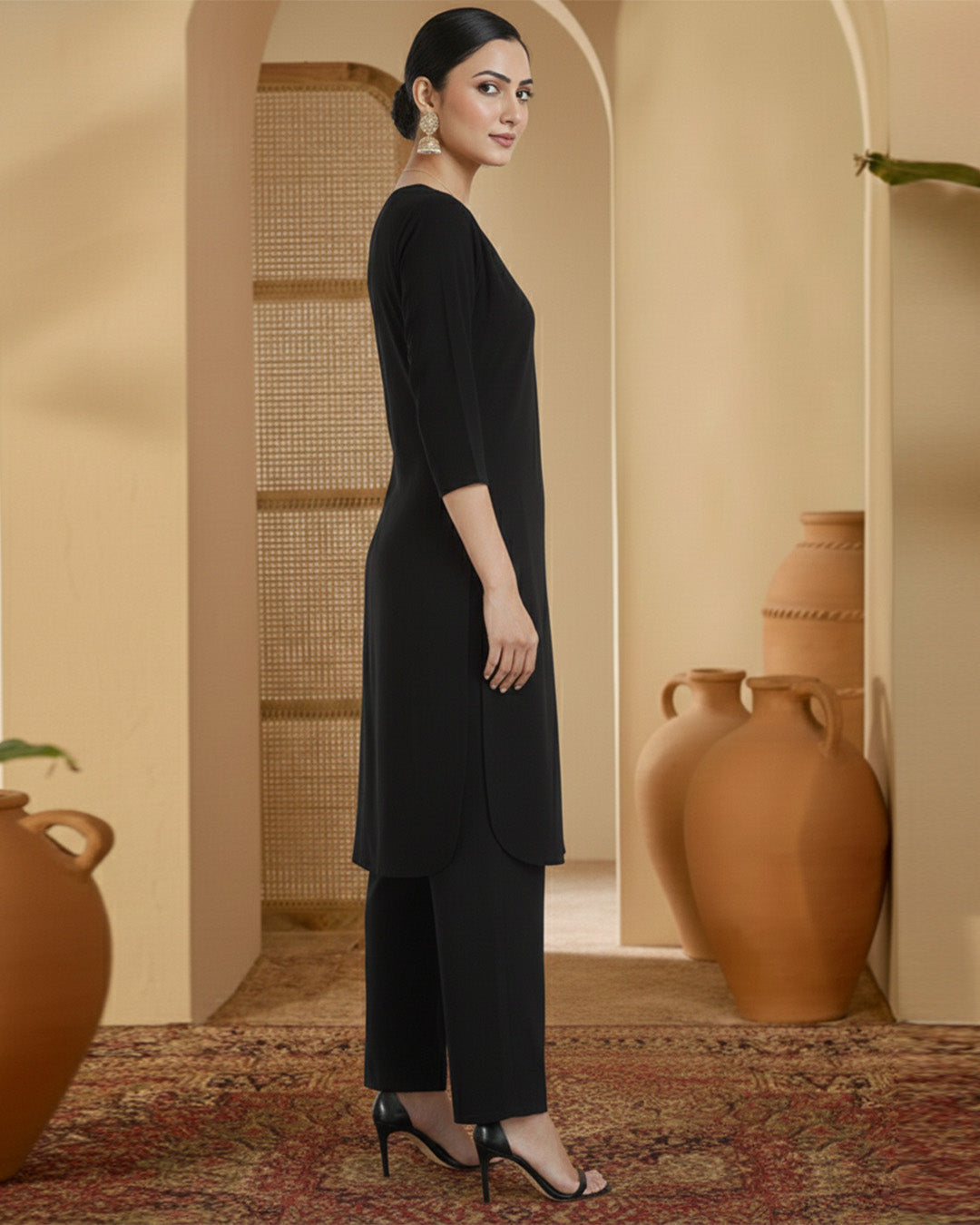 Black Rayon V Cut Charm Co-ord Set