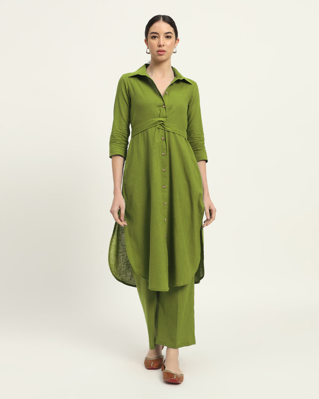 Sage Green Bellisimo Belted Solid Kurta (Without Bottoms)