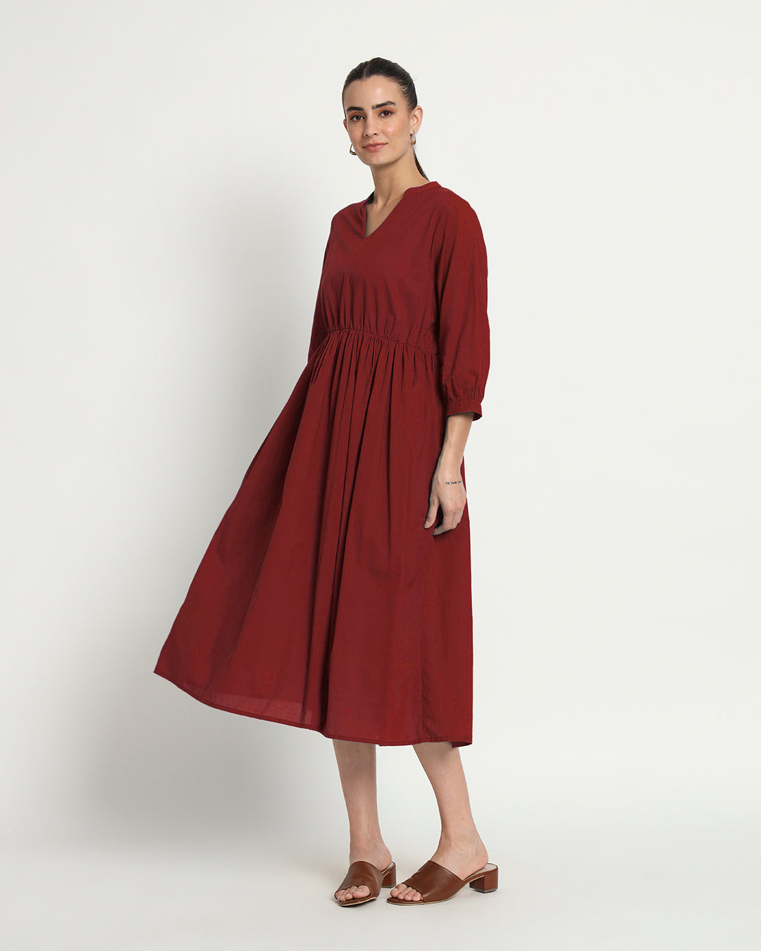 Russet Red Gathered V-Neck Stretch Dress